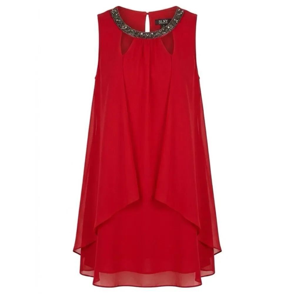 SLNY Vibrant Red Dress with Beaded Collar